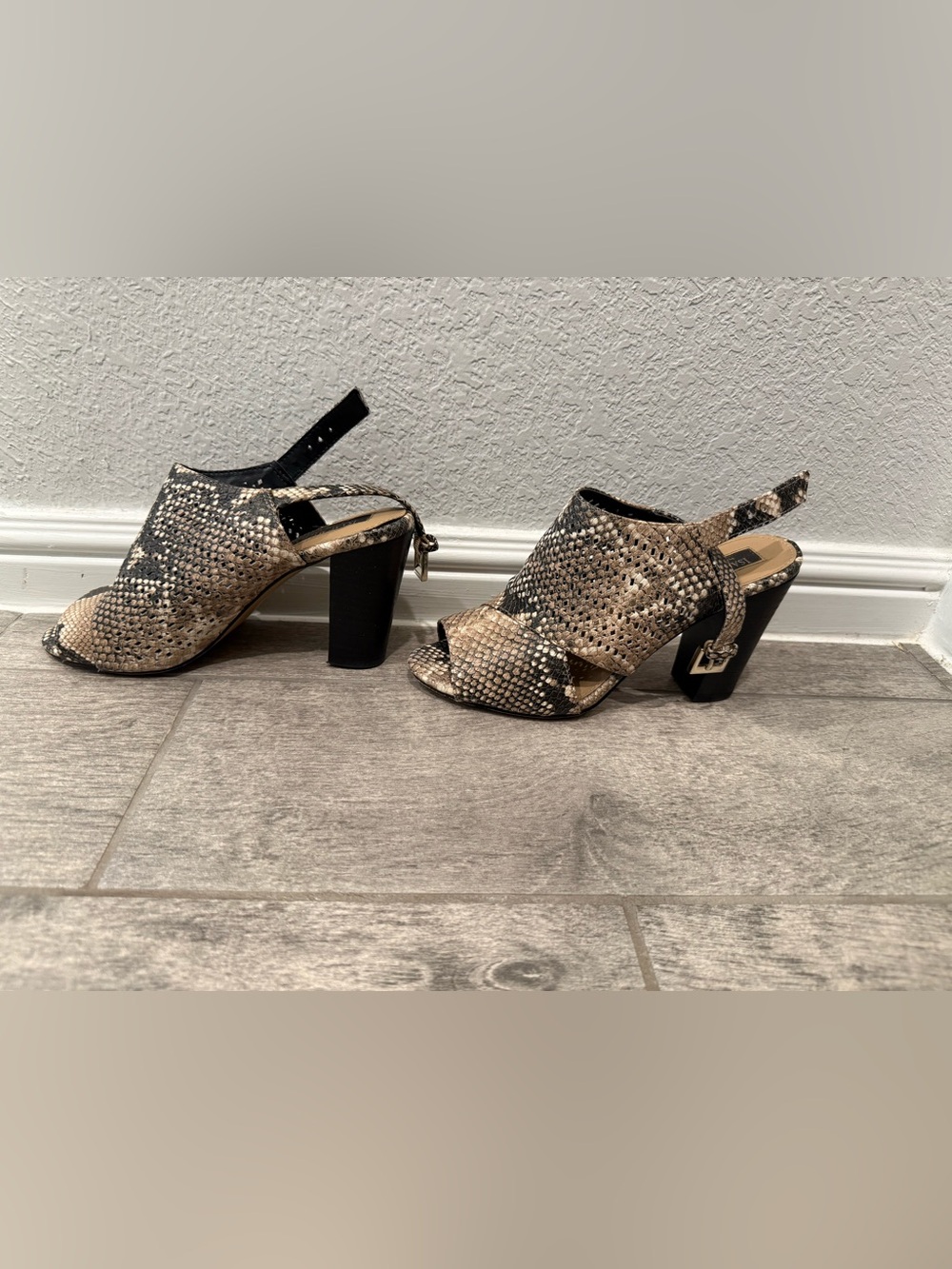 Snake-Print Slingback Block Heel Sandals - Beige/Black